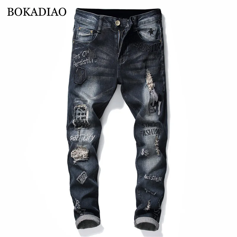 

BOKADIAO Man's jeans fashion Rivets punk Embroidery Straight jeans for men Distressed Ripped Pants wild Slim denim trousers male