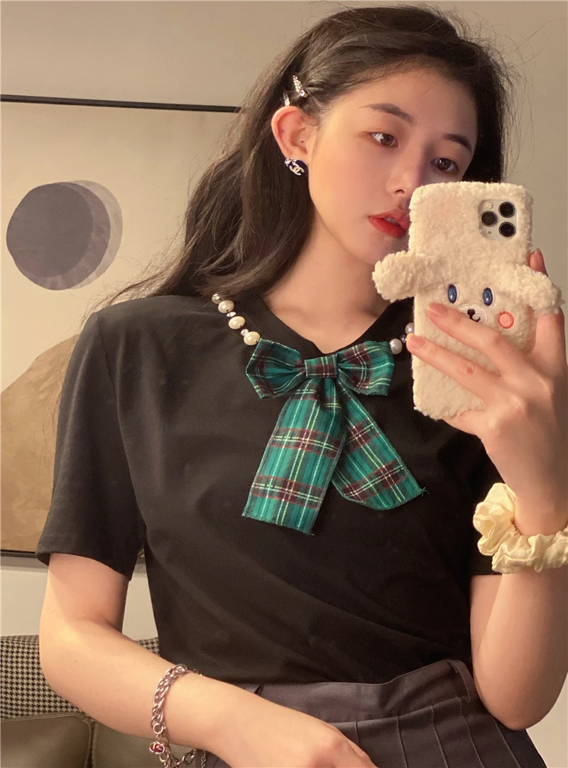 XZ1774 2021 summer new rhinestone neck bow tie temperament round neck short-sleeved T-shirt
XZ1774 2021 summer new rhinestone neck bow tie temperament round neck short-sleeved T-shirt