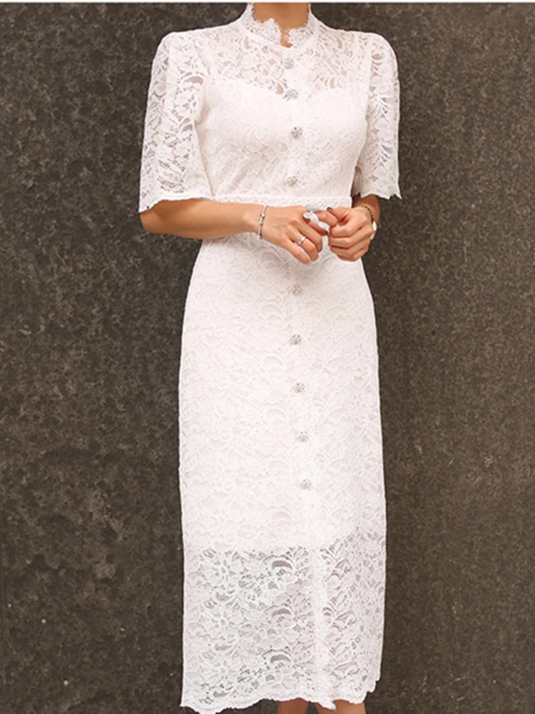 Vintage White Women High Waist Lace Long Dresses Elegant 2020 Summer Hollow Out Floral Dress Single-Breasted party work Dress
Vintage White Women High Waist Lace Long Dresses Elegant 2020 Summer Hollow Out Floral Dress Single-Breasted party work Dress