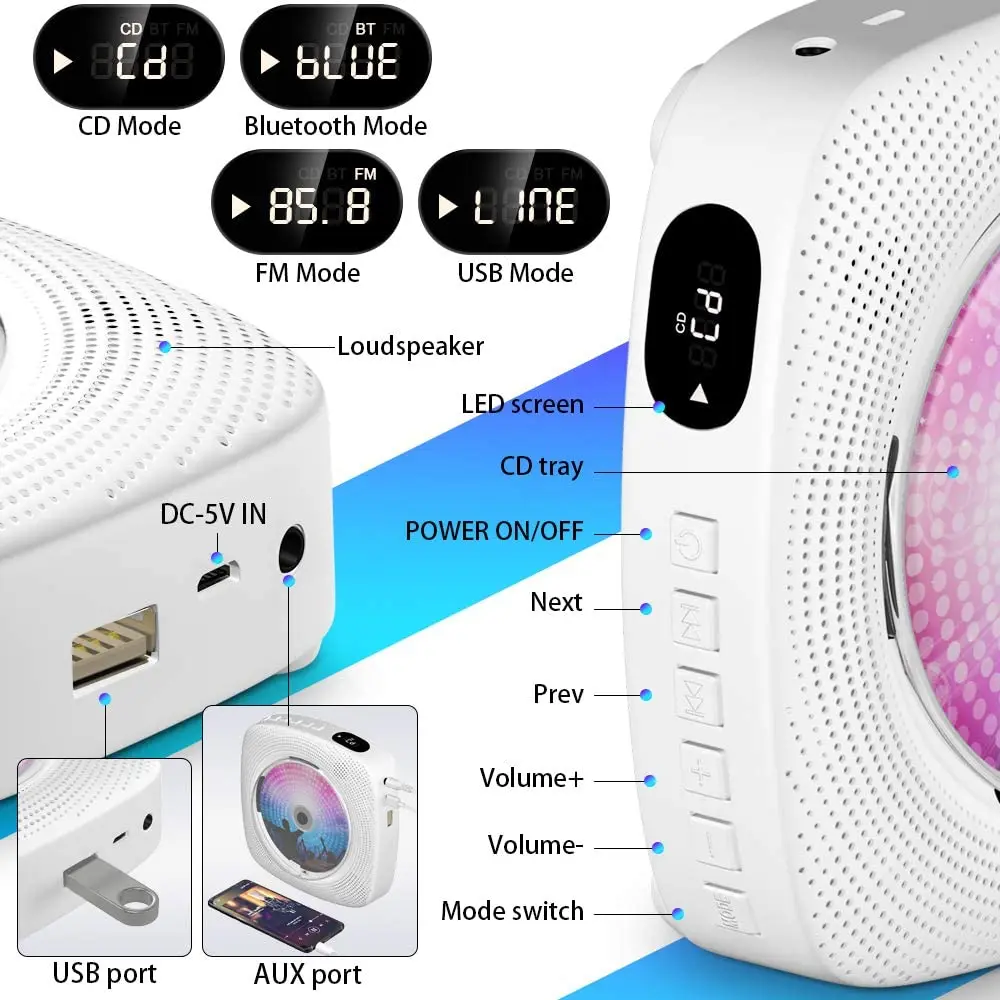 Wall CD Player With Bluetooth Protection Lid Built-in Loudspeaker LCD Display Home Audio Boombox Remote Control Support FM Radio
Wall CD Player With Bluetooth Protection Lid Built-in Loudspeaker LCD Display Home Audio Boombox Remote Control Support FM Radio