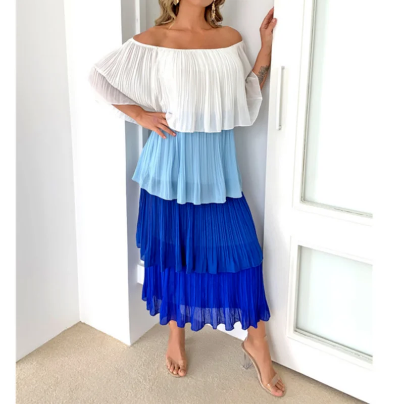 2021 Patchwork Chiffon Dress Women Elegant Off Sleeve Ruffled Summer Beach Vestidos Cake Dresses Female Vintage Long Party Dress 
2021 Patchwork Chiffon Dress Women Elegant Off Sleeve Ruffled Summer Beach Vestidos Cake Dresses Female Vintage Long Party Dress
