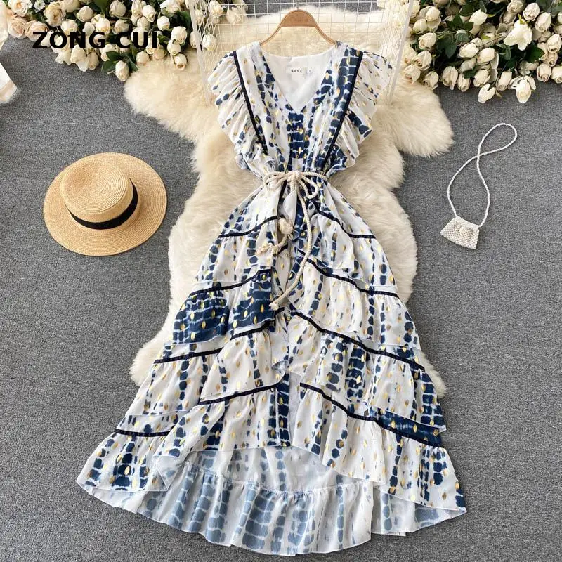 Summer Women Bohemian Cascading Ruffle Dress V-neck Ruffle Sleeve Vintage Print Loose Lace Up Elegant High Quality Maxi Dresses
Summer Women Bohemian Cascading Ruffle Dress V-neck Ruffle Sleeve Vintage Print Loose Lace Up Elegant High Quality Maxi Dresses