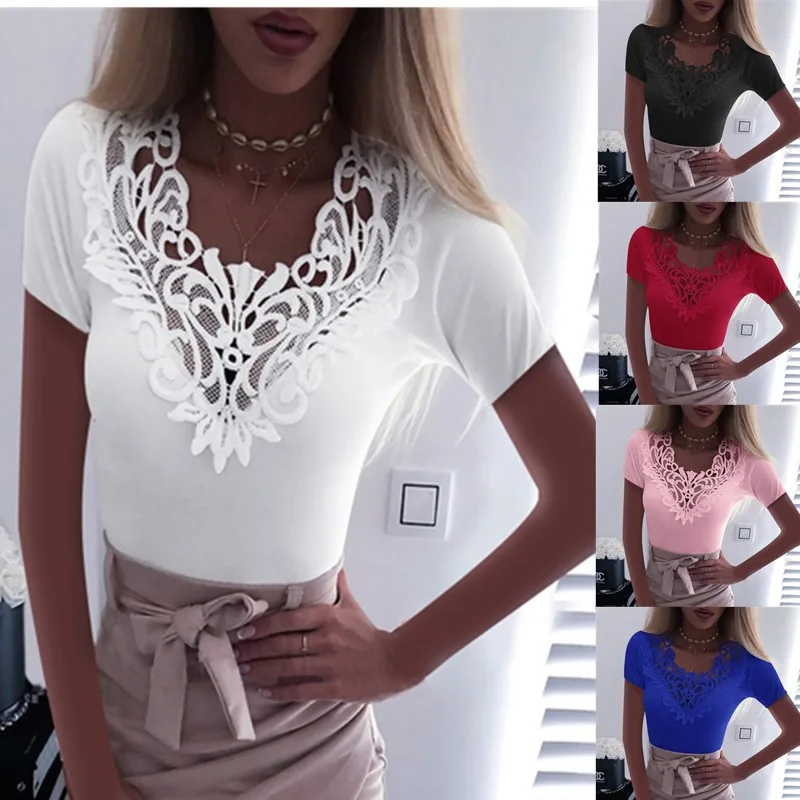 Sexy Female Short Sleeve Pullover Tops Female Lace Patchwork V Neck Solid Color Vintage Casual Elegant Ladies T-shirt Streetwear
Sexy Female Short Sleeve Pullover Tops Female Lace Patchwork V Neck Solid Color Vintage Casual Elegant Ladies T-shirt Streetwear