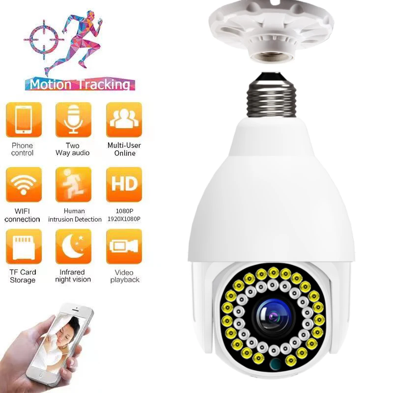 E27 Bulb Wifi Camera PTZ HD 1080P Waterproof Night Vision Two Way Talk Baby Monitor Auto Tracking V380 PRO For Home Security
E27 Bulb Wifi Camera PTZ HD 1080P Waterproof Night Vision Two Way Talk Baby Monitor Auto Tracking V380 PRO For Home Security