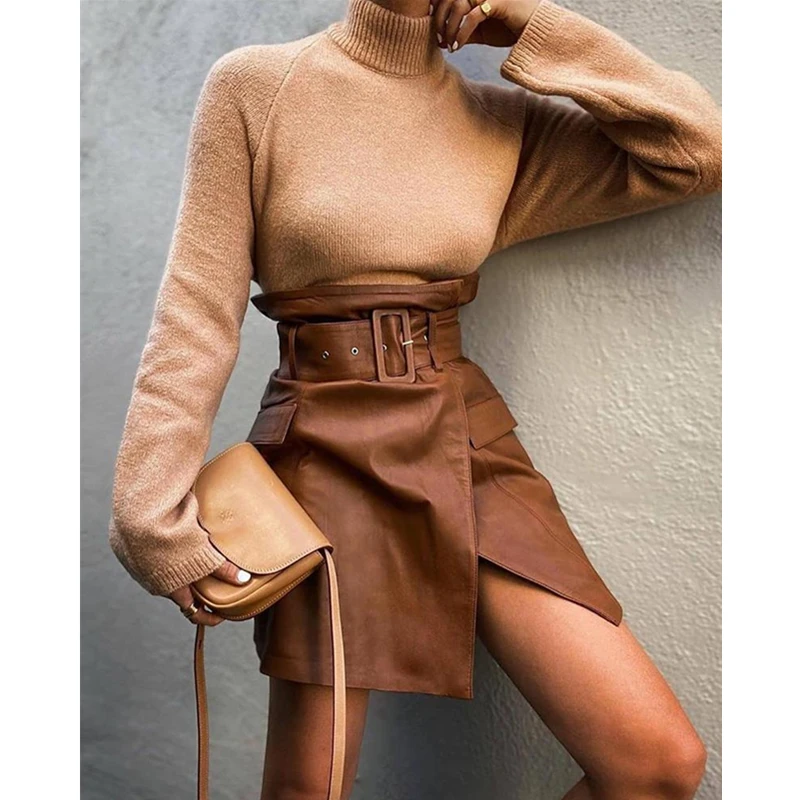 Mandylandy Autumn Winter Women Brown PU Leather Mini Skirt Lady Elegant Chic Punk High Waist Split Skirt with Belt
Mandylandy Autumn Winter Women Brown PU Leather Mini Skirt Lady Elegant Chic Punk High Waist Split Skirt with Belt