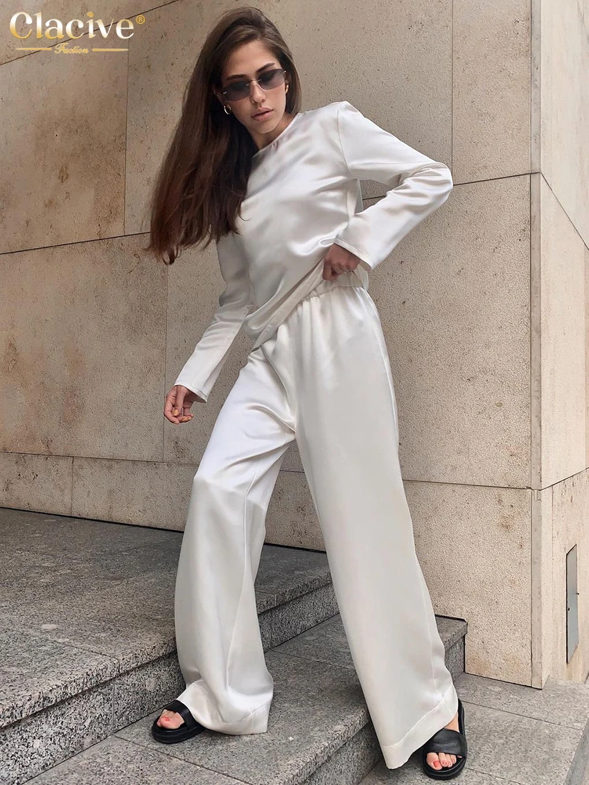 Clacive Casual White Satin Home Suit For Women Spring Long Sleeve T-Shirts Two Piece Pants Set Elegant High Waist Trouser Suits
Clacive Casual White Satin Home Suit For Women Spring Long Sleeve T-Shirts Two Piece Pants Set Elegant High Waist Trouser Suits