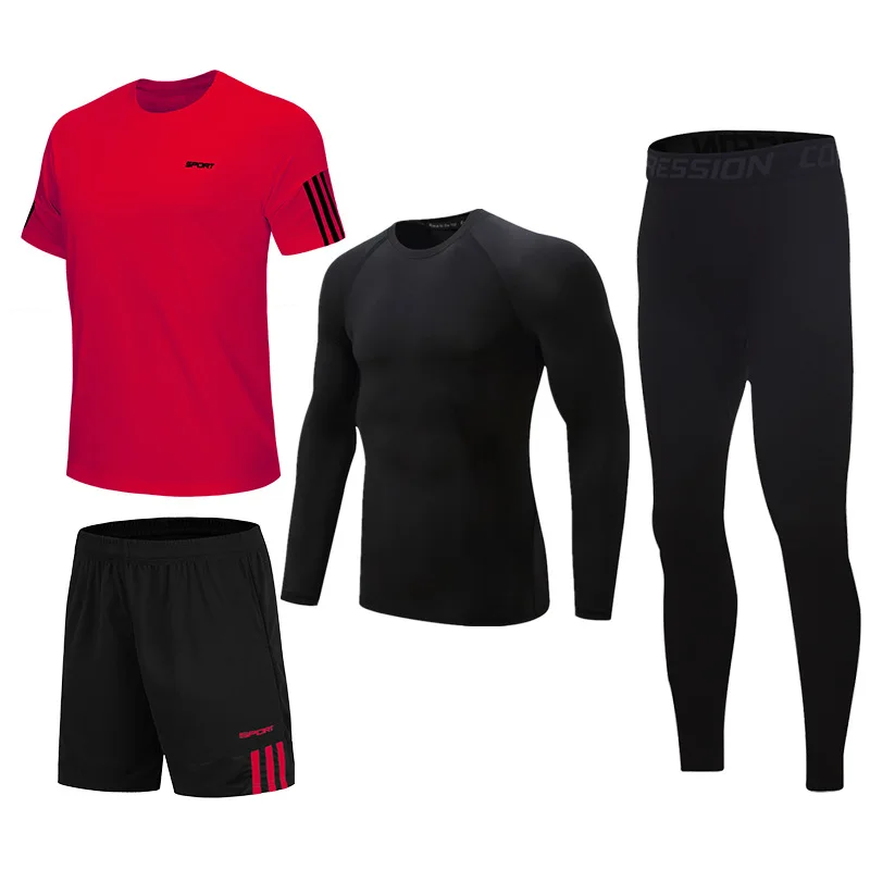4PCS/Sets Sports T-Shirt Men's Suits Running Shrits+Sports Shorts+Jogging Pants Mens Tracksuit Men New Sportswear Suit Sets 2020 
4PCS/Sets Sports T-Shirt Men's Suits Running Shrits+Sports Shorts+Jogging Pants Mens Tracksuit Men New Sportswear Suit Sets 2020