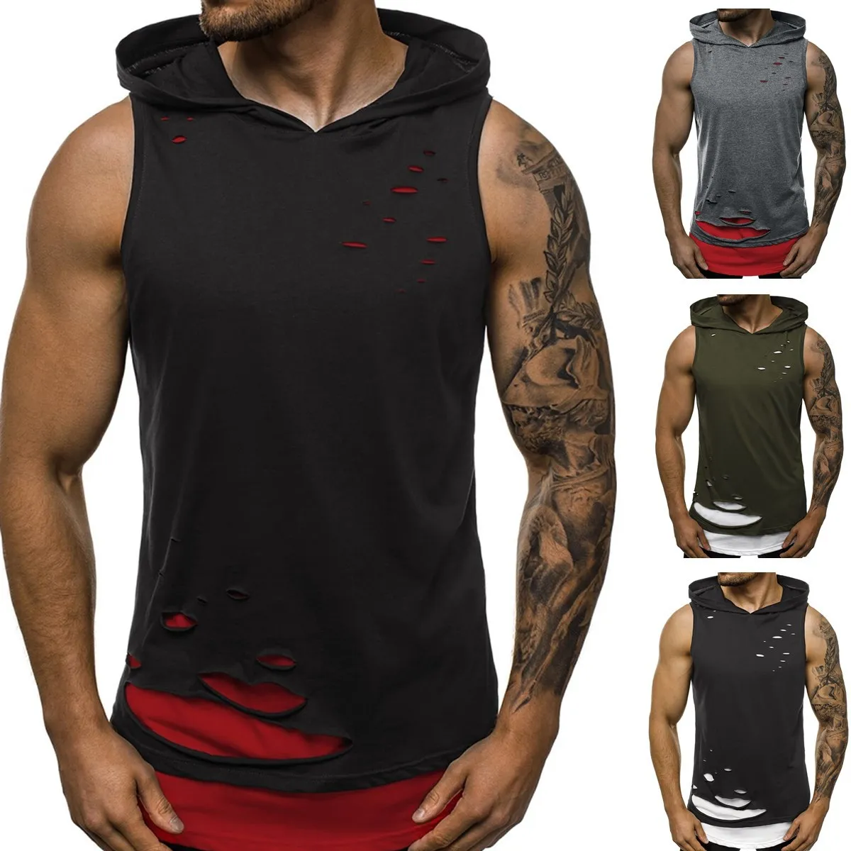 New men's hooded vest with double holes in spring and summer; stylish pullover sleeveless vest male.
New men's hooded vest with double holes in spring and summer; stylish pullover sleeveless vest male.