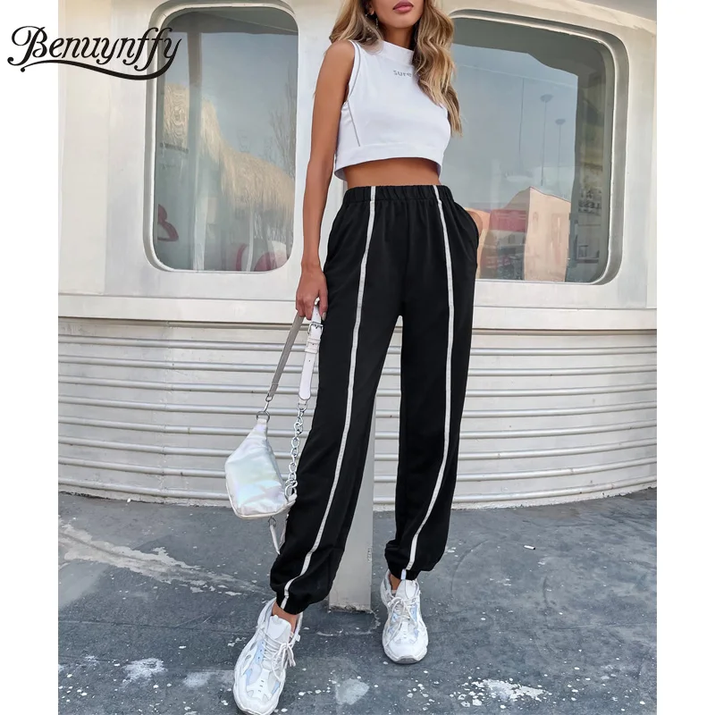 Benuynffy Contrast Piping Elastic Waist Black Pants Women Summer Casual Pocket Sport style Female Long Trousers New 2021
Benuynffy Contrast Piping Elastic Waist Black Pants Women Summer Casual Pocket Sport style Female Long Trousers New 2021