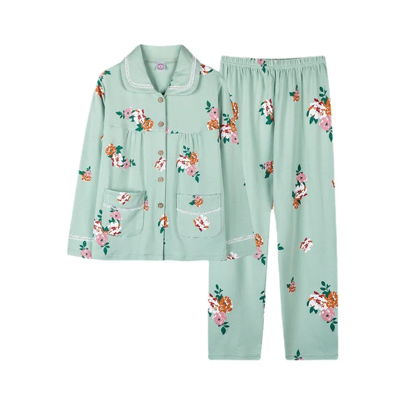 Spring / Autumn Silk Pajamas Women's Cotton Long-sleeved Floral Print Cardigan Lapel Home Wear Two-piece Suit Pajamas for Women
Spring / Autumn Silk Pajamas Women's Cotton Long-sleeved Floral Print Cardigan Lapel Home Wear Two-piece Suit Pajamas for Women