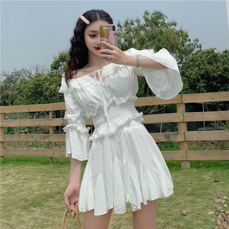 Women's Solid Color Two Pieces Clothing Set Flare Sleeve Off Shoulder Slim Waist Top +mini Ruffle Skirt Ladies Streetwear Suits
Women's Solid Color Two Pieces Clothing Set Flare Sleeve Off Shoulder Slim Waist Top +mini Ruffle Skirt Ladies Streetwear Suits