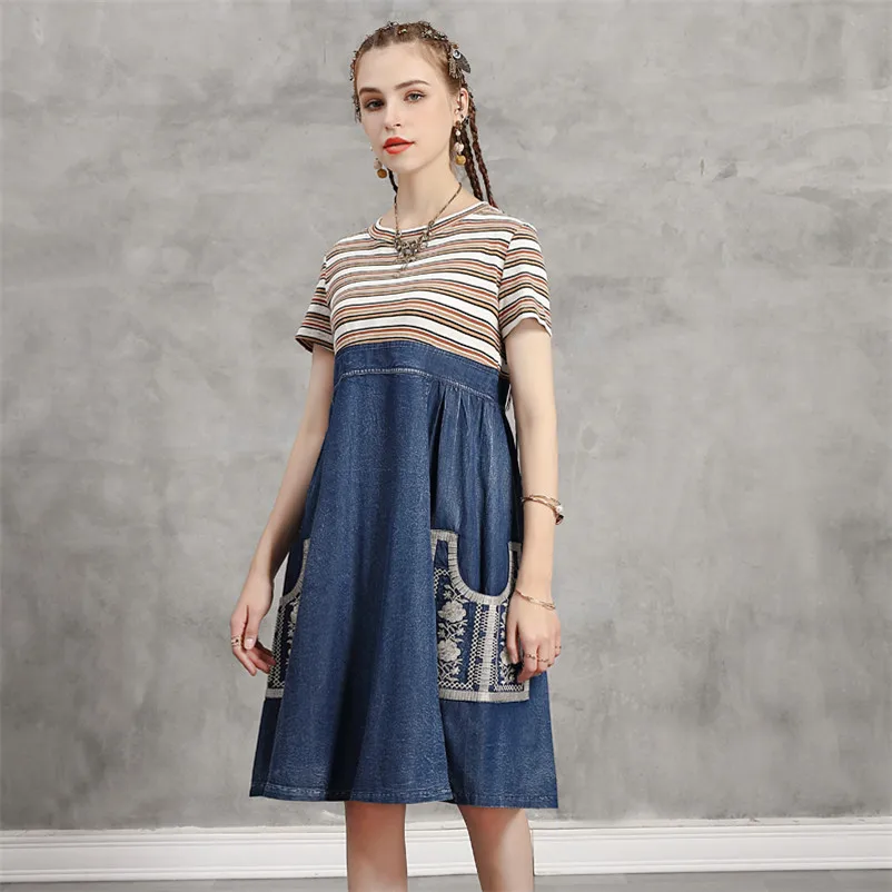 Summer Knitting Patchwork Denim Dress 2020 Vintage Women A line Dresses O-Neck Embroidery Girl's Dress K82227 Female Vestidos 
Summer Knitting Patchwork Denim Dress 2020 Vintage Women A line Dresses O-Neck Embroidery Girl's Dress K82227 Female Vestidos