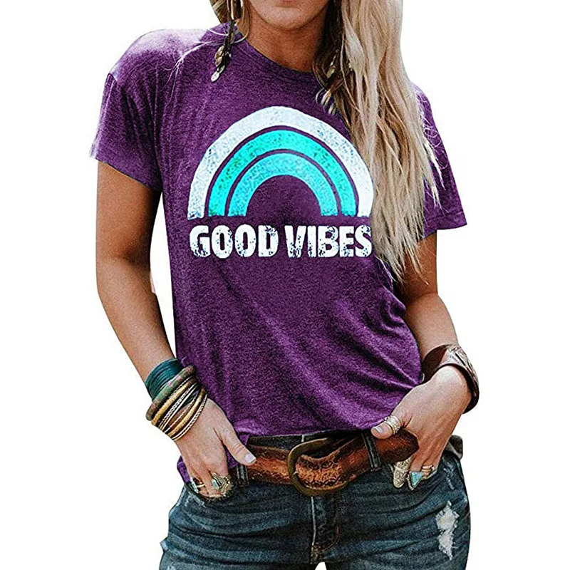 EBay's Hot-Selling Pop-up Women's Top Good Vibes Rainbow Letter Printed Round-Necked Short-Sleeved T-Shirt
EBay's Hot-Selling Pop-up Women's Top Good Vibes Rainbow Letter Printed Round-Necked Short-Sleeved T-Shirt