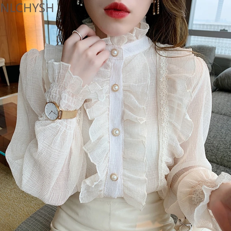 Korean Ruffle Lace Chiffon Shirt Elegant Sweet Chic Long Puff Sleeve Women Blouse Apricot Tops Stand Collar Clothes
Korean Ruffle Lace Chiffon Shirt Elegant Sweet Chic Long Puff Sleeve Women Blouse Apricot Tops Stand Collar Clothes