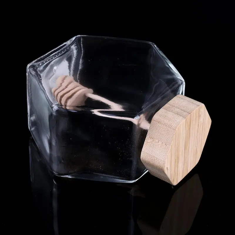 Шестигранная банка для меда стеклянная с деревянной крышкой и Пробковой Крышкой