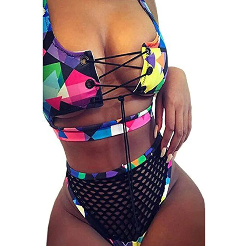 

2021 Sexy Women Print Bikinis Set Women Bikinis Swimsuits Bandage Plus Size Women Swimwear African Pineapple Mesh Thong Bathing