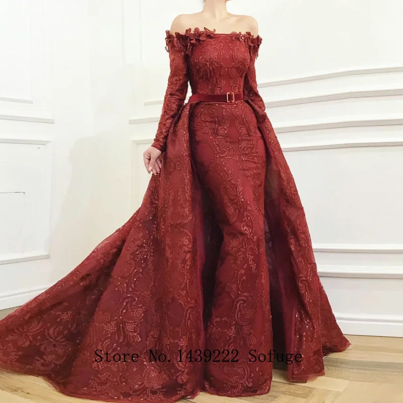 Burgundy Lace Evening Dresses Prom Off The Shoulder Detachable Train Appliques Vestidos De Fiesta Robe De Soiree Plus Size
Burgundy Lace Evening Dresses Prom Off The Shoulder Detachable Train Appliques Vestidos De Fiesta Robe De Soiree Plus Size
