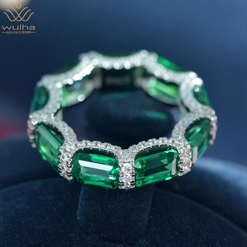 

WUIHA Vintage Solid 925 Sterling Silver Emerald Cut 5*7MM Green Created Moissanite Gemstone Wedding Engagement Ring Fine Jewelry