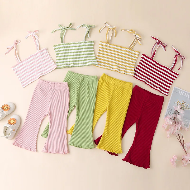 Summer Clothing Baby Girls Sets Spaghetti Strap Vest Tops Flare Pants Knitted Toddler Girls Outfits Striped Infant Clothes Sets
Summer Clothing Baby Girls Sets Spaghetti Strap Vest Tops Flare Pants Knitted Toddler Girls Outfits Striped Infant Clothes Sets