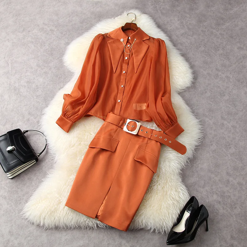 Women designer organza designer lantern sleeve shirts tops + sexy pencil skirt set spring summer 2021 orange two piece outfits
Women designer organza designer lantern sleeve shirts tops + sexy pencil skirt set spring summer 2021 orange two piece outfits