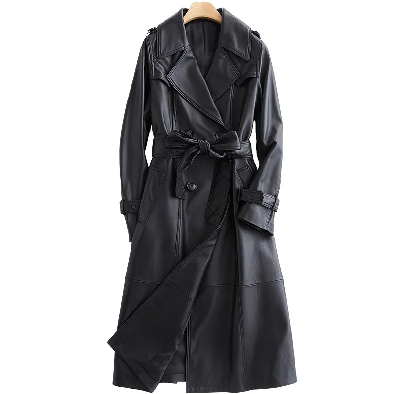 Lautaro - women's black long leather windbreaker, long sleeved belt jacket, lapel, British style, spring, 2020
Lautaro - women's black long leather windbreaker, long sleeved belt jacket, lapel, British style, spring, 2020