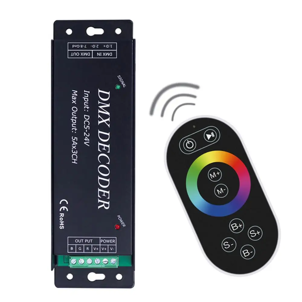 Led DMX Decoder Controller, RGB RF Touch Remote DMX512 Controller for Led Light Strip, DC 5V 12V-24V 3 Channel
Led DMX Decoder Controller, RGB RF Touch Remote DMX512 Controller for Led Light Strip, DC 5V 12V-24V 3 Channel