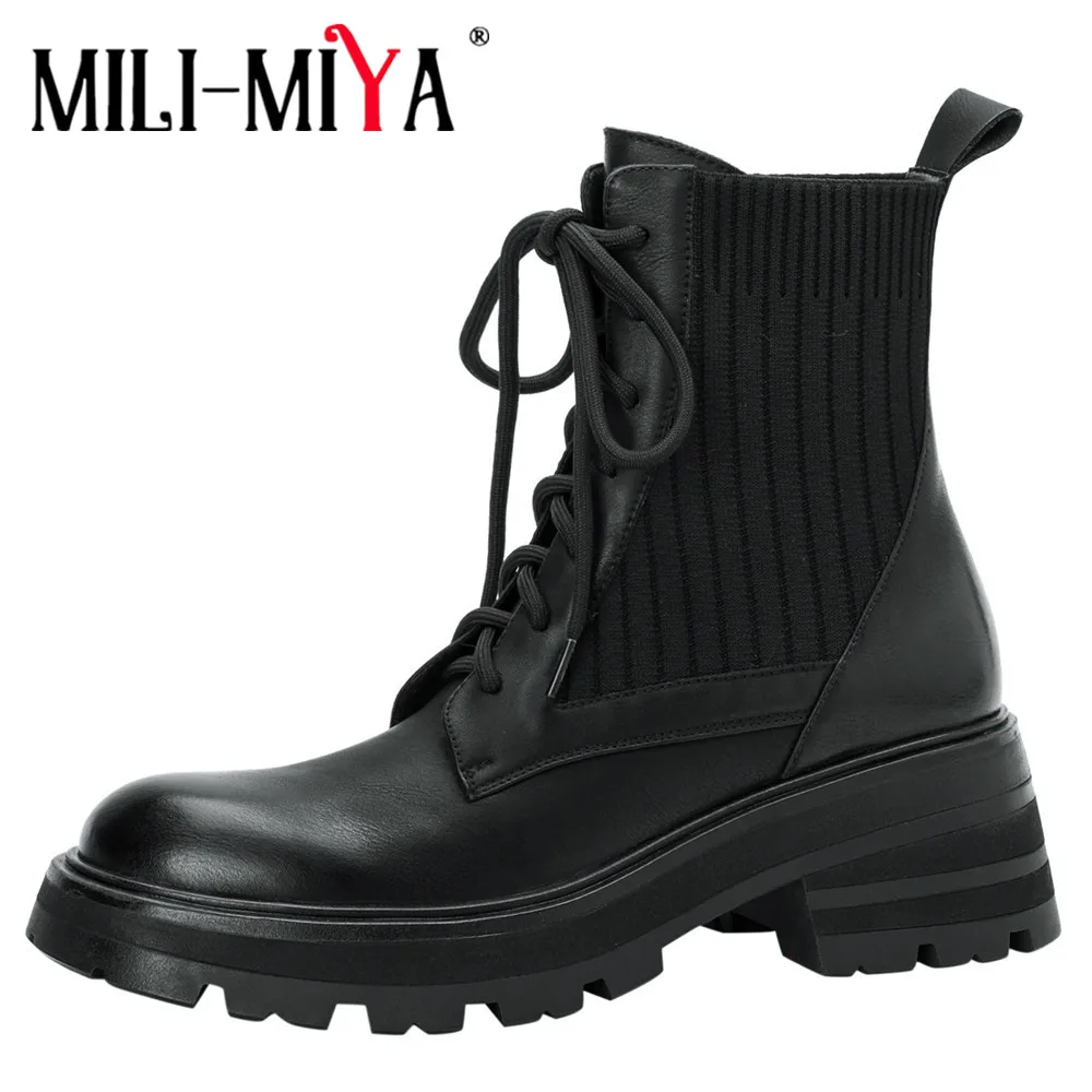 MILI-MIYA New Arrival Women Cow Leather Ankle Boots Kitting Shaft Round Toe Square Heels Lace Up Solid Color Fashion Street Shoe
MILI-MIYA New Arrival Women Cow Leather Ankle Boots Kitting Shaft Round Toe Square Heels Lace Up Solid Color Fashion Street Shoe