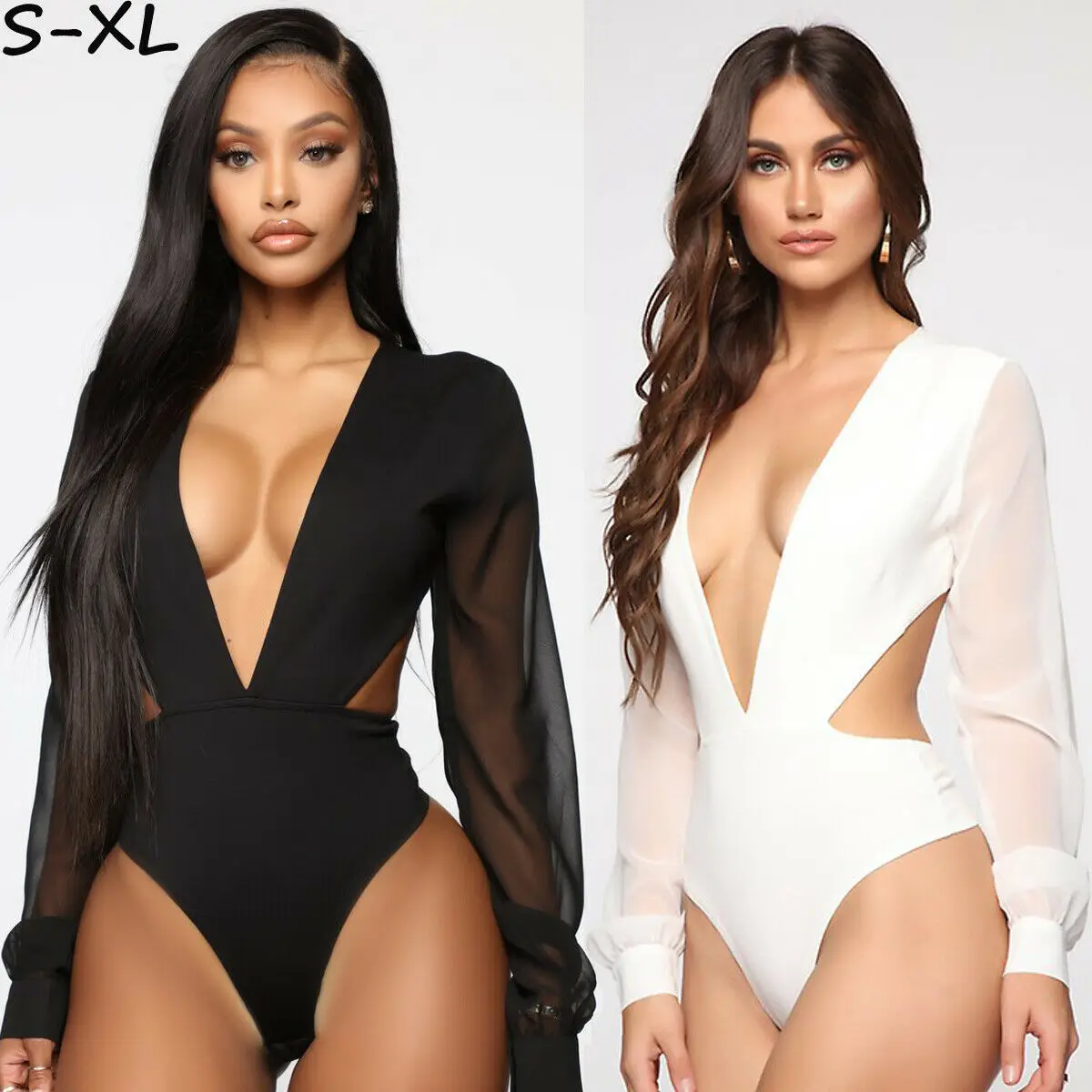Hirigin Rompers Womens Bodysuits 2019 Long Mesh Sleeve Sexy Deep V Neck Women Bodysuit Half-Backless Patchwork Lack Bodysuit 
Hirigin Rompers Womens Bodysuits 2019 Long Mesh Sleeve Sexy Deep V Neck Women Bodysuit Half-Backless Patchwork Lack Bodysuit