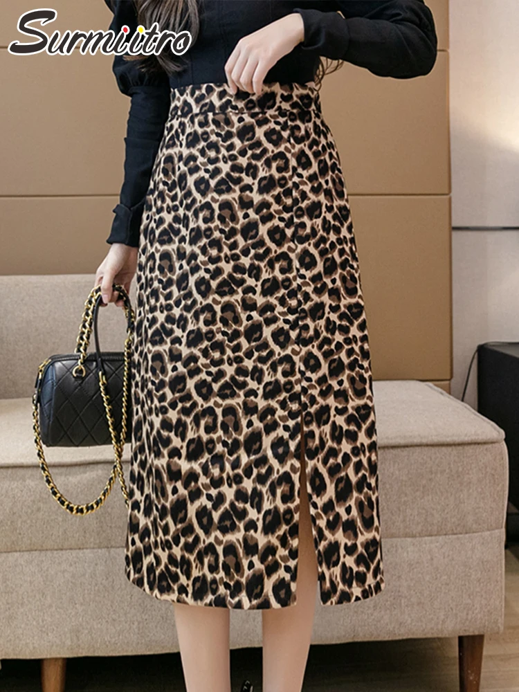 

SURMIITRO длинная юбка миди Женская мода 2021 Осень корейский стиль Леопард средней длины сплит высокая Талия трапециевидная юбка женская