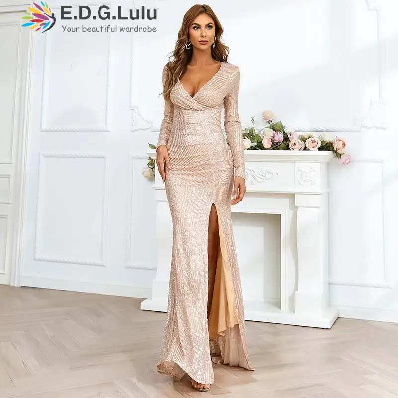 EDGLuLu V-neck Long Sleeve High Split Sequins Dress Sexy Night Club Elegant Party Evening Birthday Celebrate Long Dresses 0730
EDGLuLu V-neck Long Sleeve High Split Sequins Dress Sexy Night Club Elegant Party Evening Birthday Celebrate Long Dresses 0730