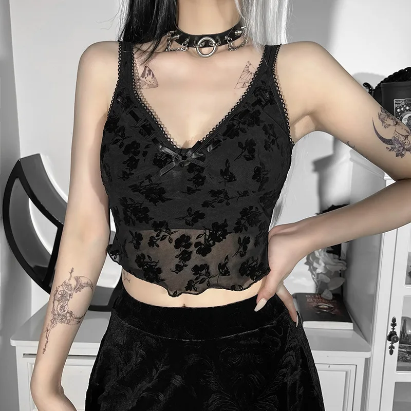 Dark Goth 2022 Summer New Solid Color Vest Lace Mesh See-through Floral Print V-neck Tank Tops Dollskill Black Crop Top Mesh Top
Dark Goth 2022 Summer New Solid Color Vest Lace Mesh See-through Floral Print V-neck Tank Tops Dollskill Black Crop Top Mesh Top