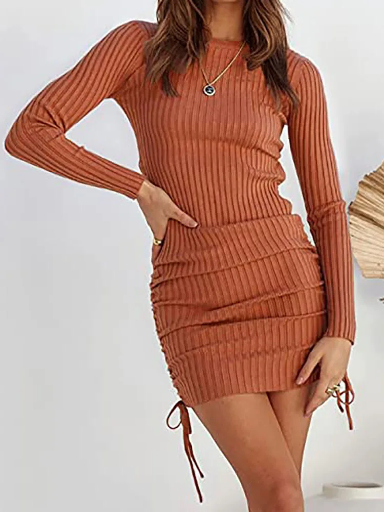Autumn Winter Women's Rib Knit Sweater Dresses Fashion O Neck Drawstring Slim Pack Hip Woman Long Sleeve Khaki Mini Dresses 2021
Autumn Winter Women's Rib Knit Sweater Dresses Fashion O Neck Drawstring Slim Pack Hip Woman Long Sleeve Khaki Mini Dresses 2021
