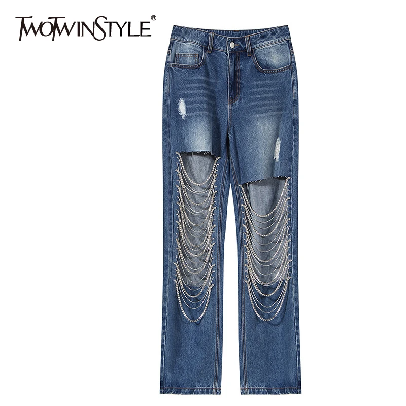 TWOTWINSTYLE Patchwork Casual Blue Denim Trouser For Women High Waist Chain Wide Leg Pants Female Summer New Clothing 2022 Style
TWOTWINSTYLE Patchwork Casual Blue Denim Trouser For Women High Waist Chain Wide Leg Pants Female Summer New Clothing 2022 Style