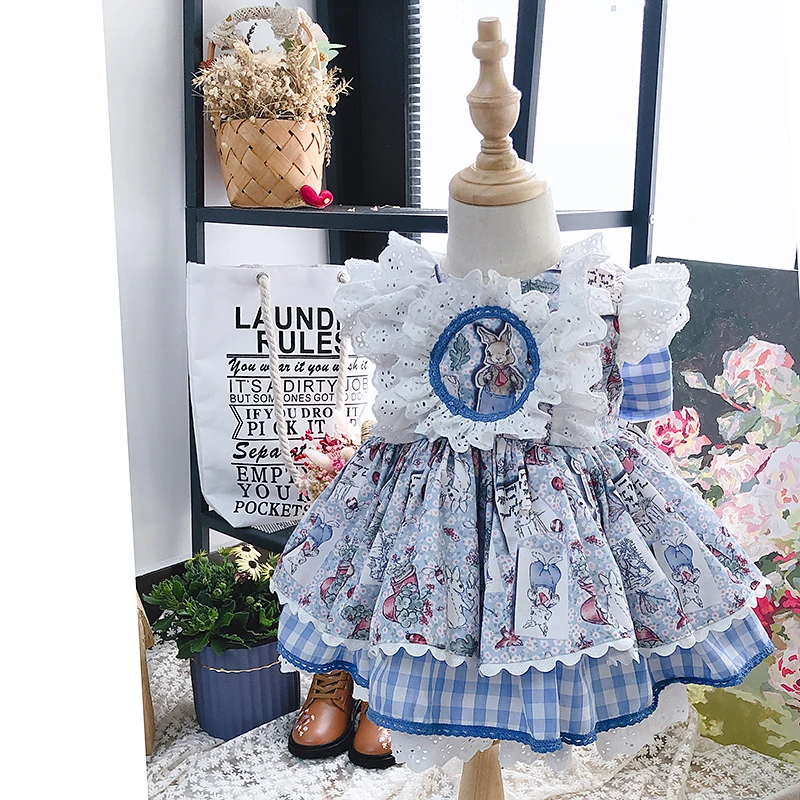 

3PCS Baby GIrl Summer Blue Rabbit Turkey Vintage Spanish Lolita Princess Ball Princess Gown Dress for Girl Easter Birthday Party