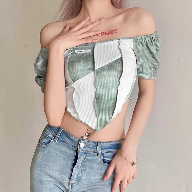 2021 Summer Slim Sexy Corp Tops Women Patchwork Slash Neck Puff Sleeve Tie Dye T Shirt Ledies Vintage Slim Tshirts
2021 Summer Slim Sexy Corp Tops Women Patchwork Slash Neck Puff Sleeve Tie Dye T Shirt Ledies Vintage Slim Tshirts