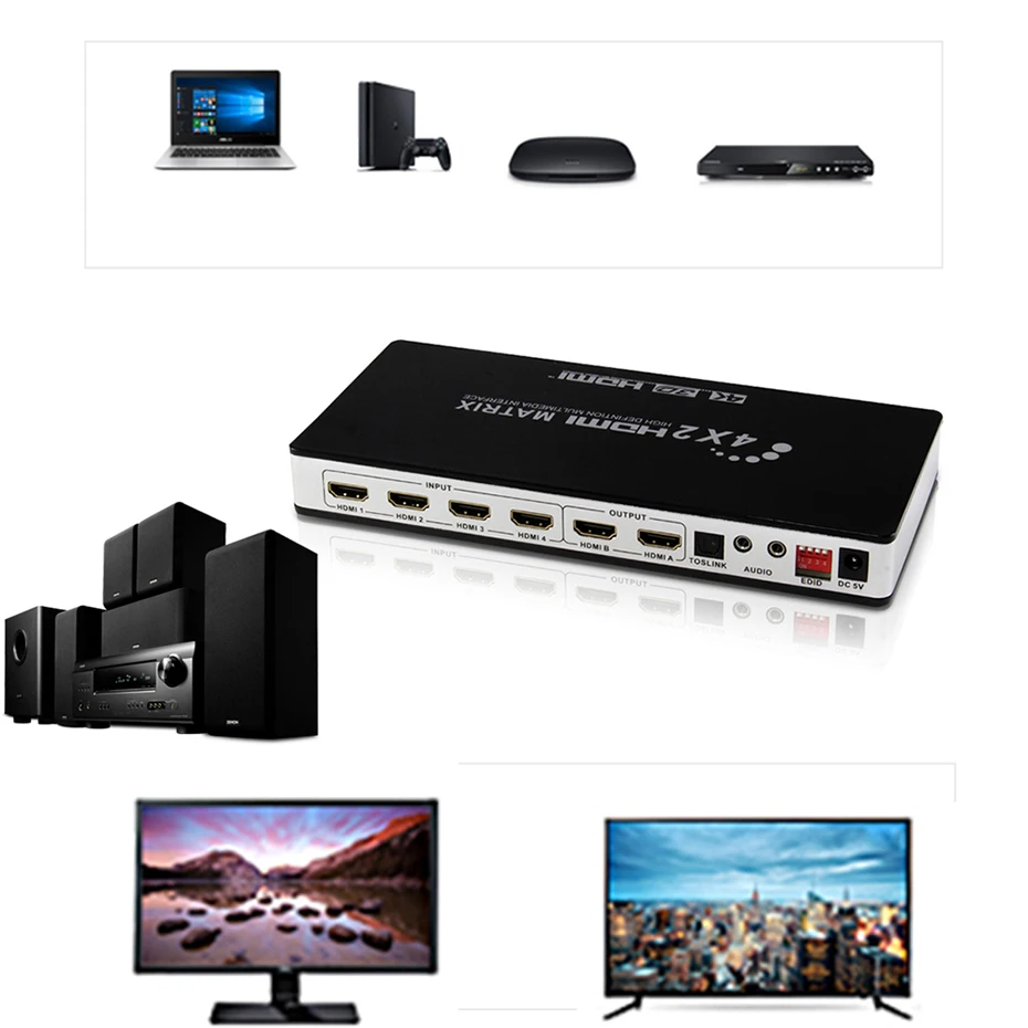 4K 4X2 HDMI Matrix with audio Digital toslink&L/R stereo HDMI 4 in 2 out matrix switcher splitter with IR&power adapter
4K 4X2 HDMI Matrix with audio Digital toslink&L/R stereo HDMI 4 in 2 out matrix switcher splitter with IR&power adapter
