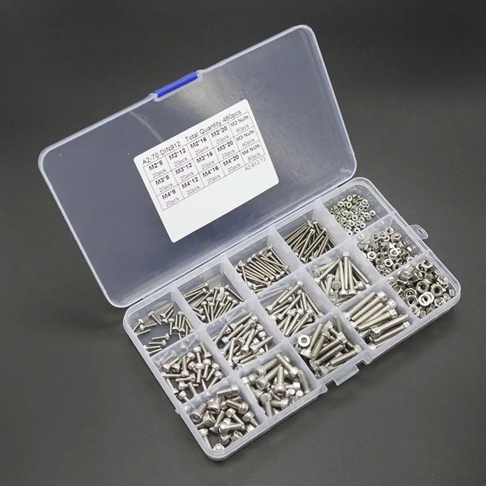 480pcs M2 M3 M4 Metric Hex Socket Head Cap Screws Bolt Nut Assortment Set Silver
480pcs M2 M3 M4 Metric Hex Socket Head Cap Screws Bolt Nut Assortment Set Silver