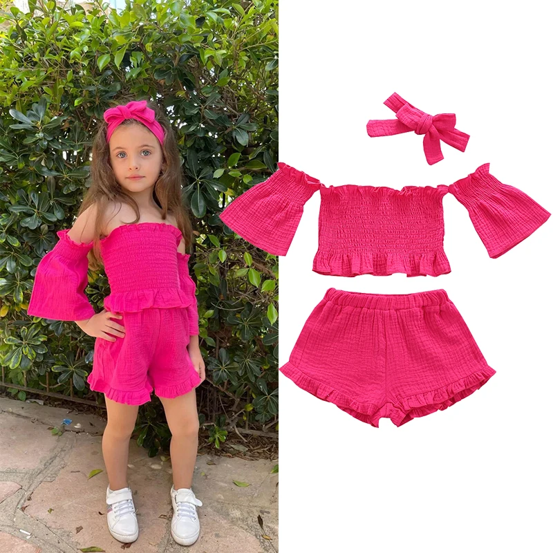 VOGUEON 2022 Fashion Summer Girls Off Shoulder Clothing Suit Solid Color Tops + Shorts Pants + Headband 3pcs Set for Baby Kids
VOGUEON 2022 Fashion Summer Girls Off Shoulder Clothing Suit Solid Color Tops + Shorts Pants + Headband 3pcs Set for Baby Kids