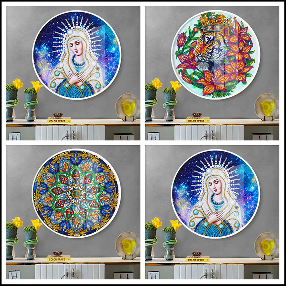 

2020 New Round Framed Tassel Diamond Painting Mural Full Partial Animal Peacock Owl Painting Scenery Diamond Mosaic With Frame
