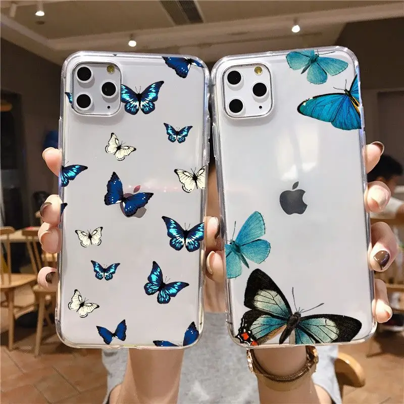 Прозрачный синий пастельный телефонный чехол Monarch Butterfly для iPhone 11 12Pro Mini 6 7 8 Plus X MAX