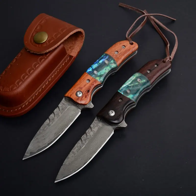 

VG10 Damascus Tactical Folding Knife Wood Abalone Handle Outdoor Camping Hunting Survival Rescue Pocket Utility EDC Tools