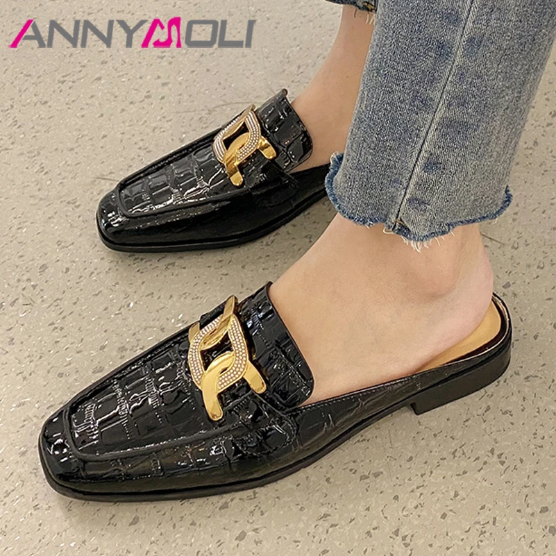 ANNYMOLI Mules Shoes Women Genuine Leather Metal decoration Flats Square Toe Flat Heel Crystal Patent Leather Footwear Black 40
ANNYMOLI Mules Shoes Women Genuine Leather Metal decoration Flats Square Toe Flat Heel Crystal Patent Leather Footwear Black 40