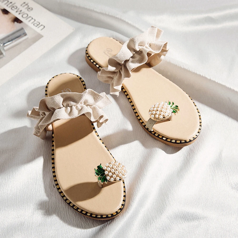 

Beach Sandals Ladies Shoes Women Slipper Pineapple Pearl Flat Toe Bohemian Casual Shoes Platform Sandalias De Mujer Verano 2021