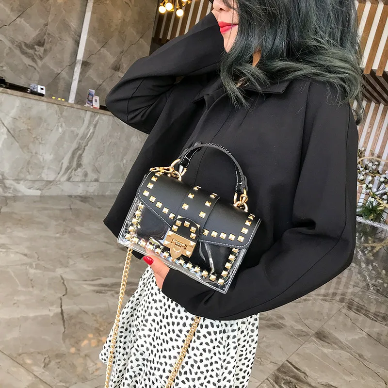 Women New Luxury Handbags Chains City Jogging Bag Female Rivets Transparent Square PU Handbag
Women New Luxury Handbags Chains City Jogging Bag Female Rivets Transparent Square PU Handbag