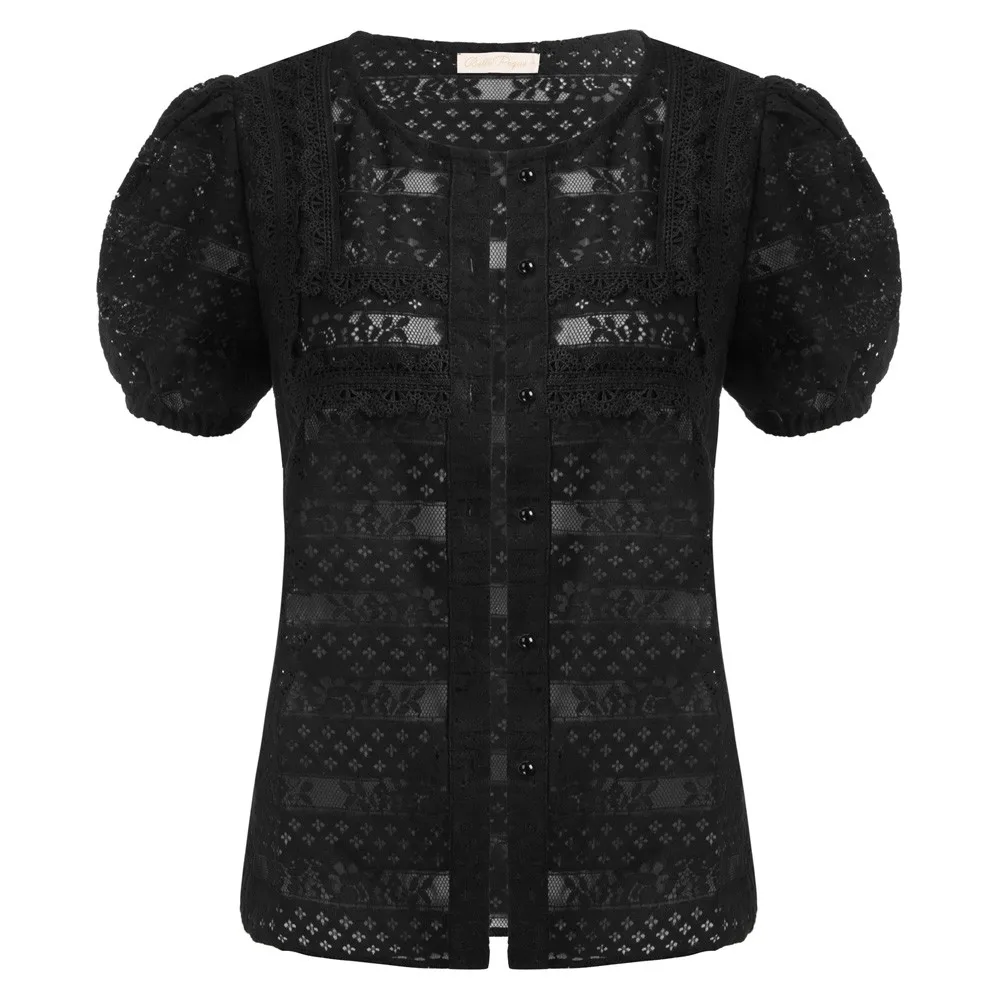 BP Women Semi See-Through Lace Tops Puffed Short Sleeve Crew Neck Button-up Tops Lace Without Lining And Buttons Front Piece
BP Women Semi See-Through Lace Tops Puffed Short Sleeve Crew Neck Button-up Tops Lace Without Lining And Buttons Front Piece
