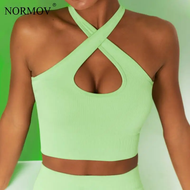 

NORMOV Push Up Bra Fitness Workout Solid Color Gather Bralette Comfortable Sleeveless Cross Sling Elasticity Bras Running