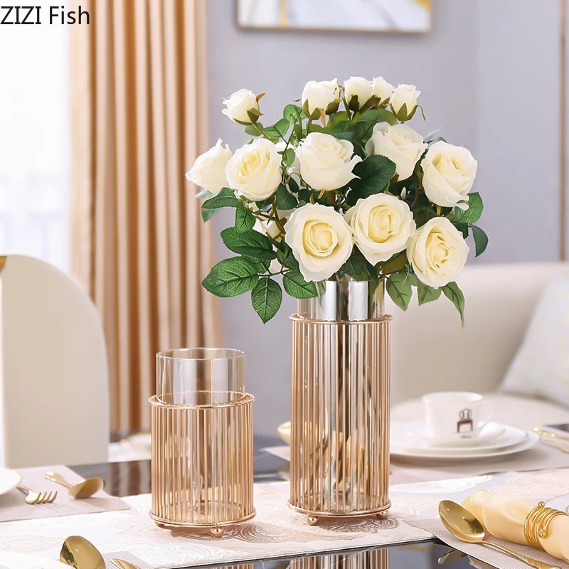 

Светлая Роскошная металлическая стеклянная ваза для обеденного стола, простая, для гостиной, прозрачная Цветочная композиция, засушенные ц...