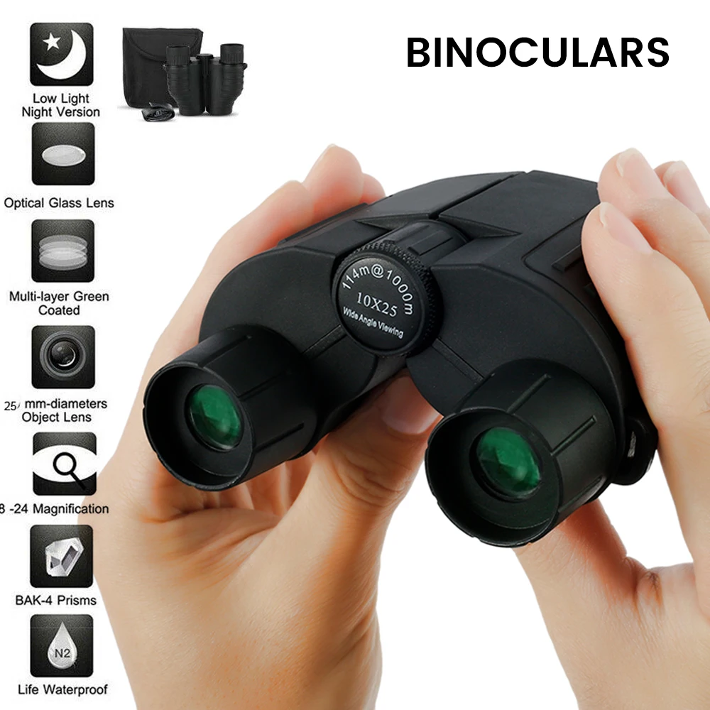 Компактный миниатюрный бинокль дневного и ночного видения, масштабирование 10x25, водонепроницаемый, для туризма и охоты
Компактный миниатюрный бинокль дневного и ночного видения, масштабирование 10x25, водонепроницаемый, для туризма и охоты