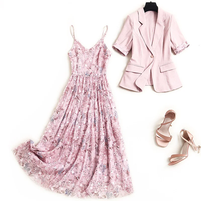 2021 Summer Women office lady slim short sleeve blazer suit floral embroidery pink mesh dress set OL two piece outfits
2021 Summer Women office lady slim short sleeve blazer suit floral embroidery pink mesh dress set OL two piece outfits