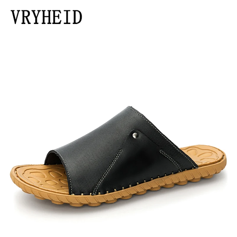 

VRYHEID Summer Genuine Leather Men's Slippers Breathable Slip-On Sandals Men Casual Beach Shoes Outdoor flip flop Big Size 38-47